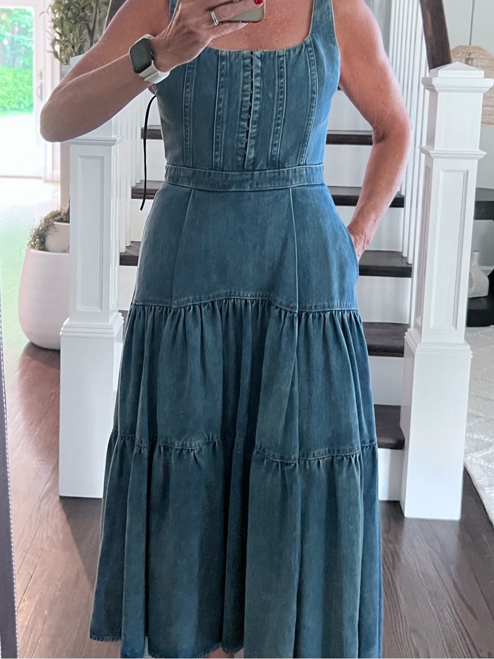 Alice + Olivia Washed Blue Denim Tiered Maxi Dress